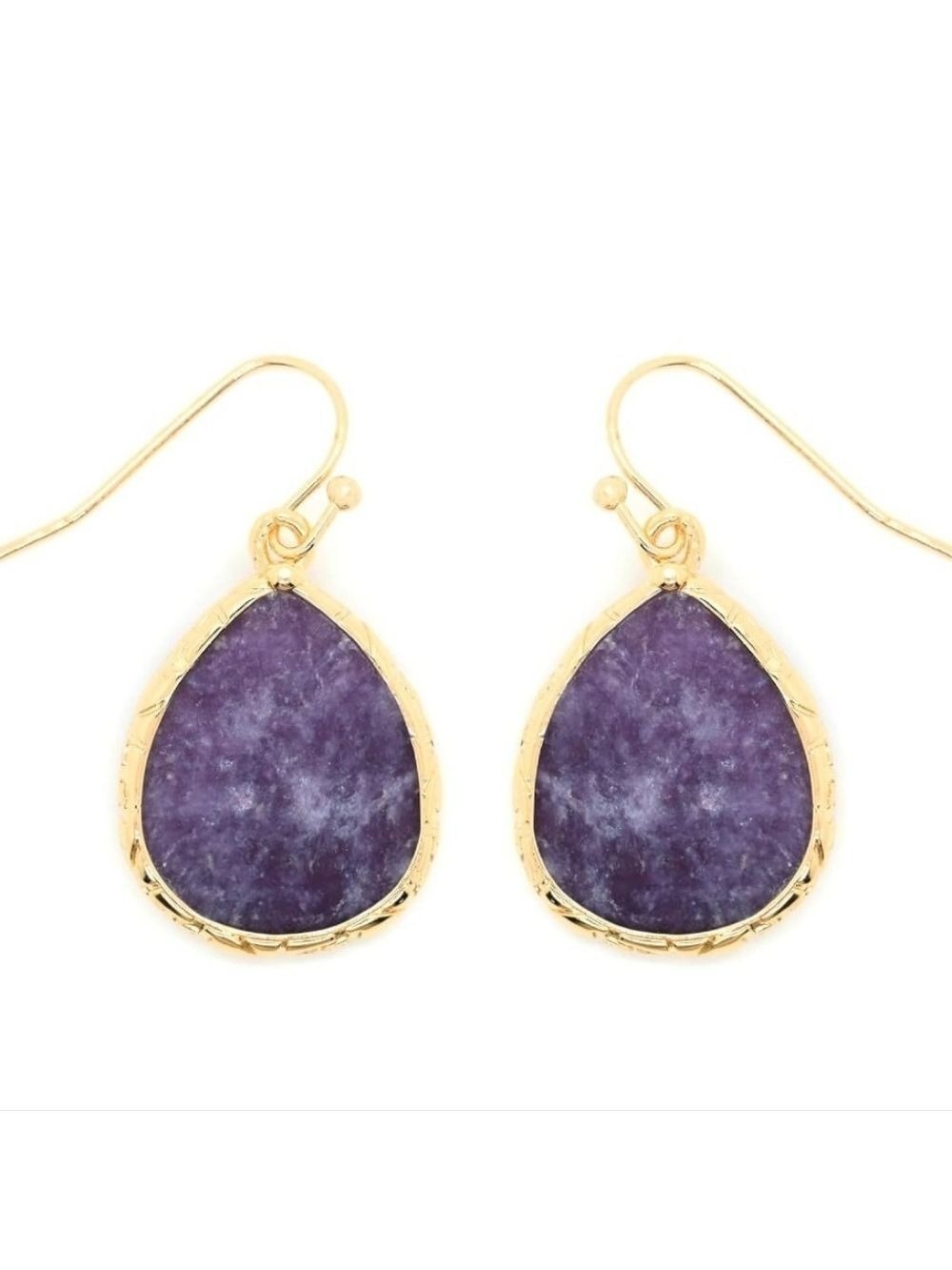 Gold and Purple Teardrop Earrings , Natural Stones And Gold Plated ,New No Tags